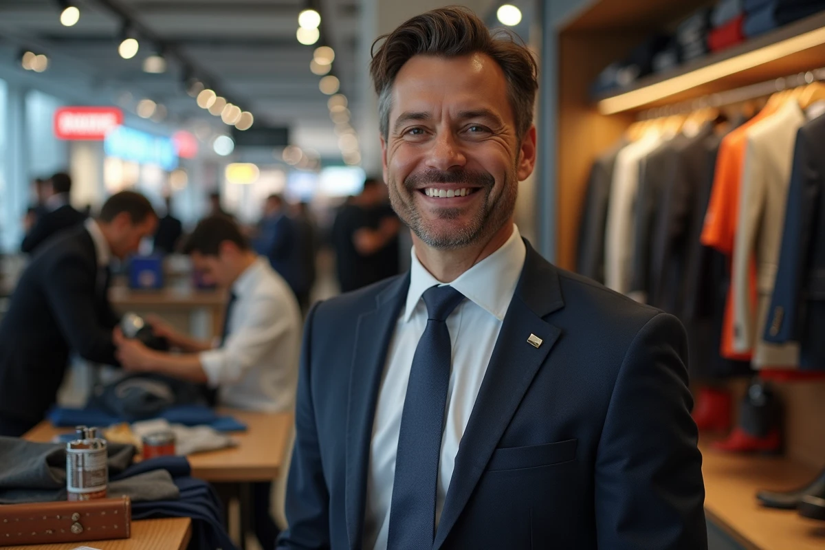 Homme bien habille en tailleur dans un centre commercial