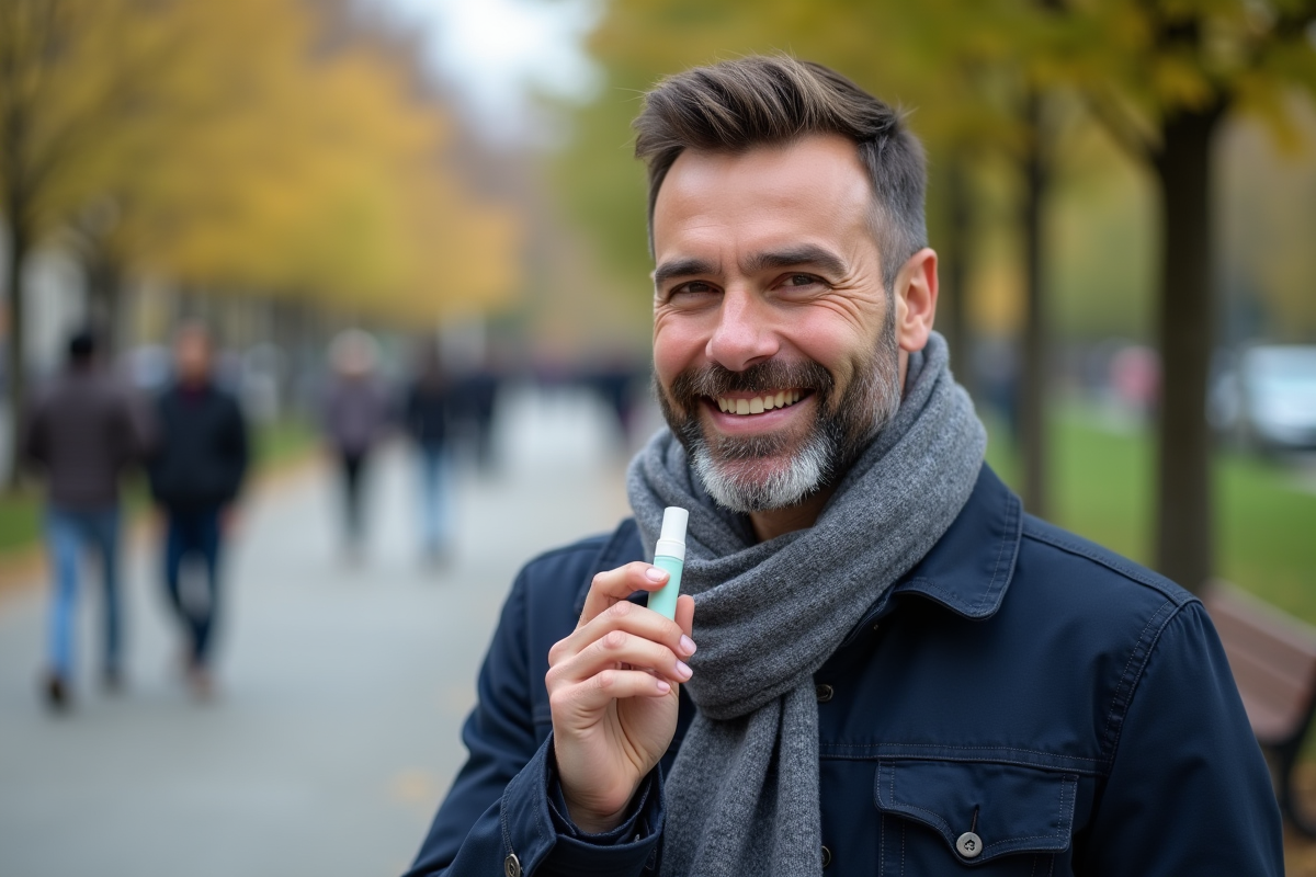 Homme souriant avec soin pour les lèvres en ville