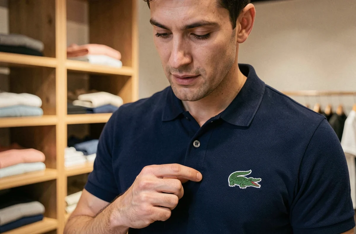 Homme examinant le logo crocodile brodé sur un polo Lacoste bleu marine, détail d'authentification en boutique