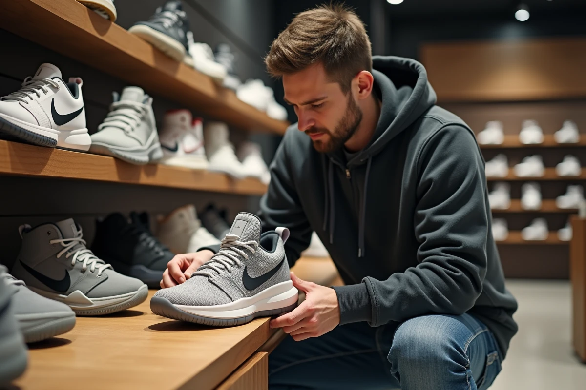 Homme inspectant la couture d'une basket de sport