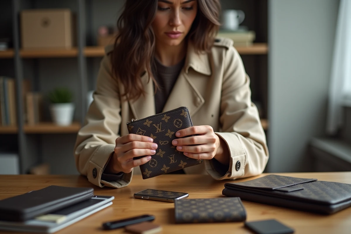 Jeune femme inspectant un faux portefeuille de luxe contrefait, détails d'un article de mauvaise qualité imitant une grande marque