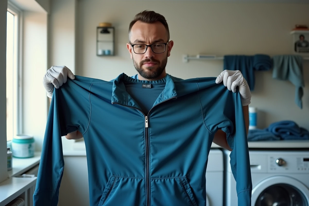 Homme inspectant un vêtement en polyester après une teinture ratée dans une buanderie, vérifiant les irrégularités de couleur