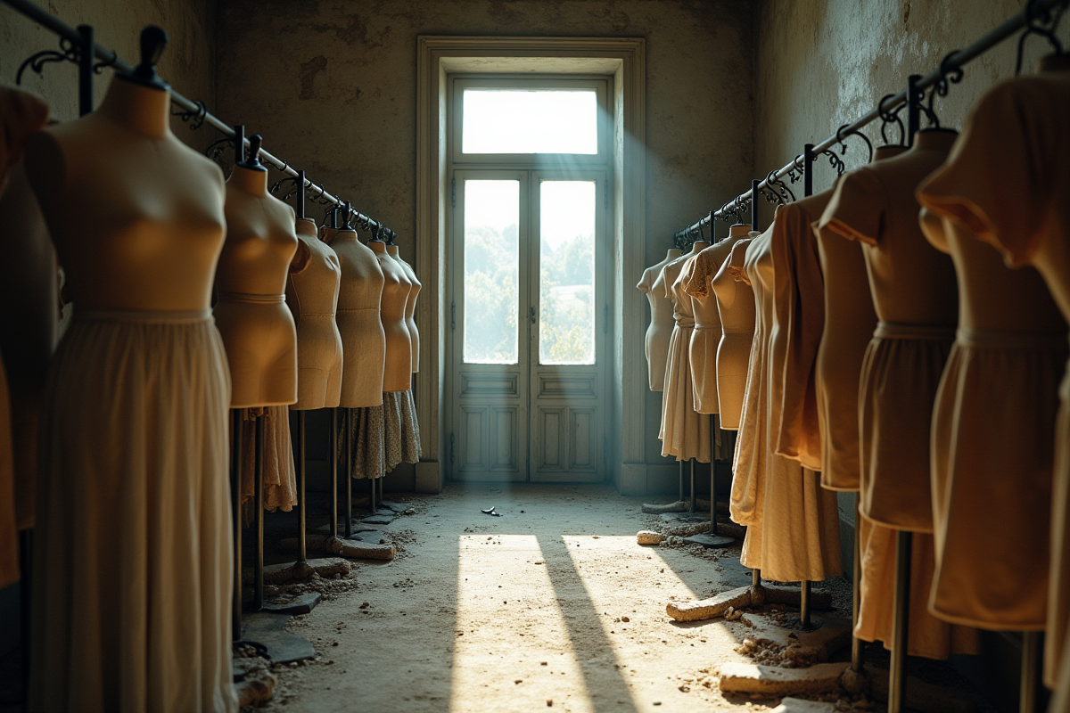 Interieur d une boutique abandonnee avec mannequins poussiereux