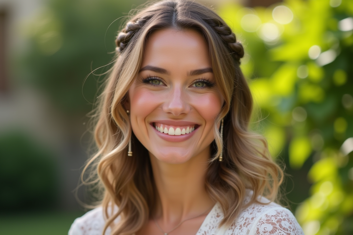 Invitée souriante avec cheveux ondulés et tresse côté au mariage