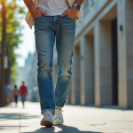 Jeune homme en jeans bleu marche dans la ville ensoleillée