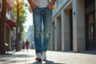 Jeune homme en jeans bleu marche dans la ville ensoleillée