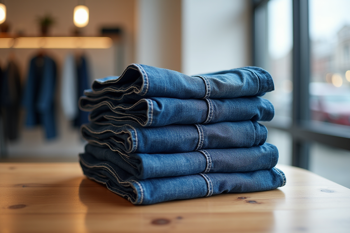 Paires de jeans bleus pliés dans une boutique lumineuse