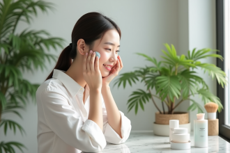 Jeune femme asiatique appliquant une creme visage dans un decor lumineux