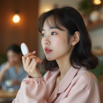 Jeune femme coréenne appliquant un gloss dans un café moderne
