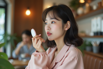 Jeune femme coréenne appliquant un gloss dans un café moderne