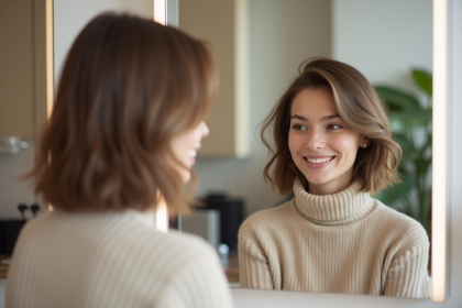 Jeune femme souriante examine sa nouvelle coiffure dans un salon moderne