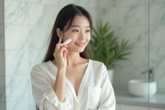 Jeune femme coreenne appliquant une essence sur le visage