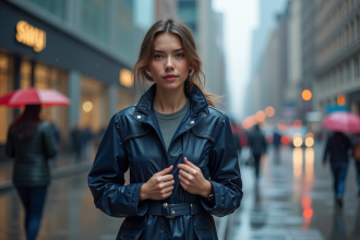 Jeune femme en imper navy dans la ville pluvieuse