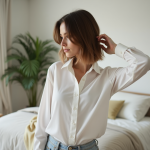 Jeune femme ajustant sa coupe dans un miroir de chambre