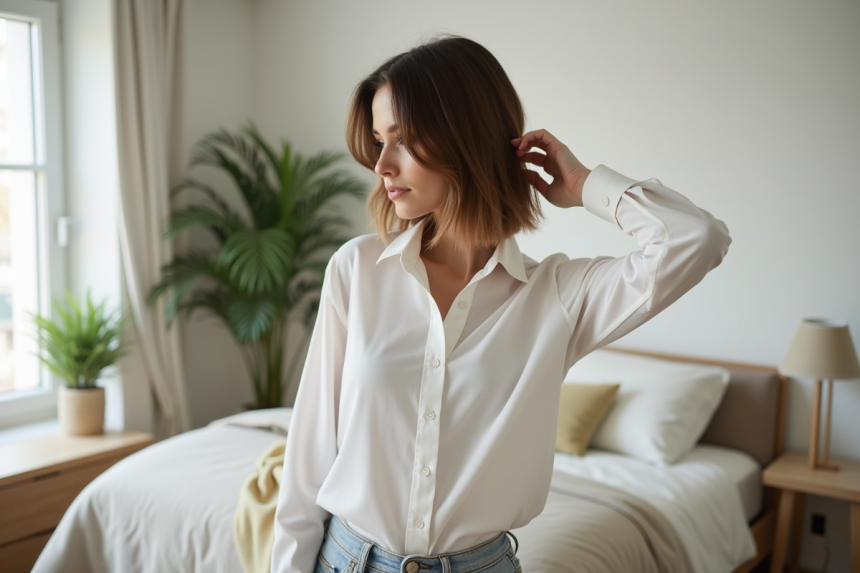 Jeune femme ajustant sa coupe dans un miroir de chambre