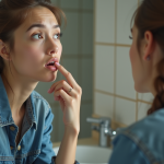 Jeune femme en miroir avec expression préoccupée