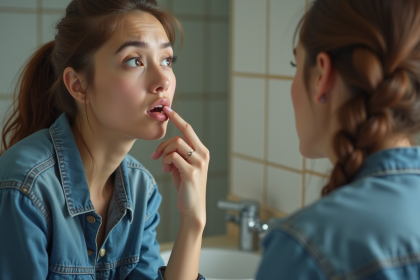 Jeune femme en miroir avec expression préoccupée
