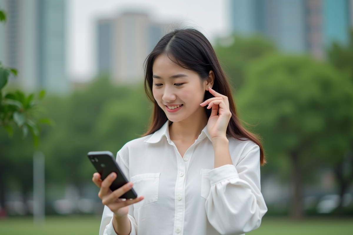 Jeune femme tenant son smartphone et montrant son ongle pinky