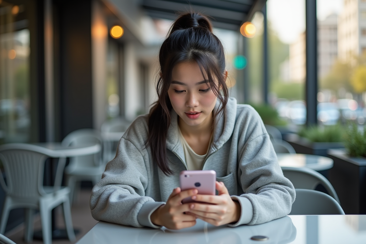 Jeune femme avec smartphone dans un café en ville