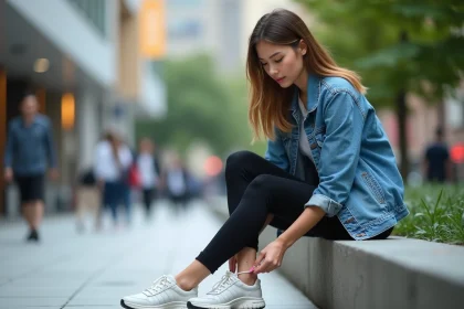 Jeune femme en denim et leggings nouant ses sneakers en ville