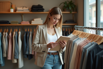 Jeune femme examine une étiquette de vêtement durable dans une boutique
