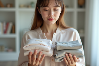 Jeune femme examine deux robes en tissu en intérieur