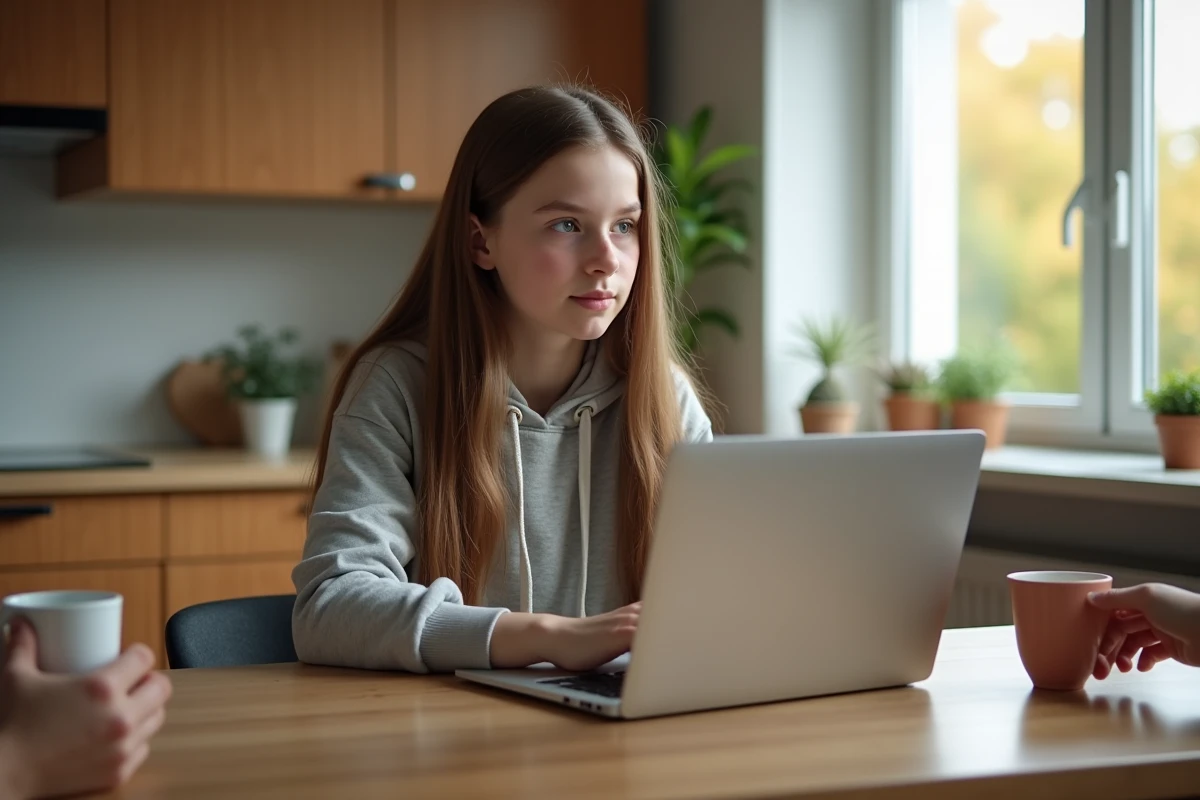 Jeune fille de 14 ans avec ordinateur dans une cuisine moderne