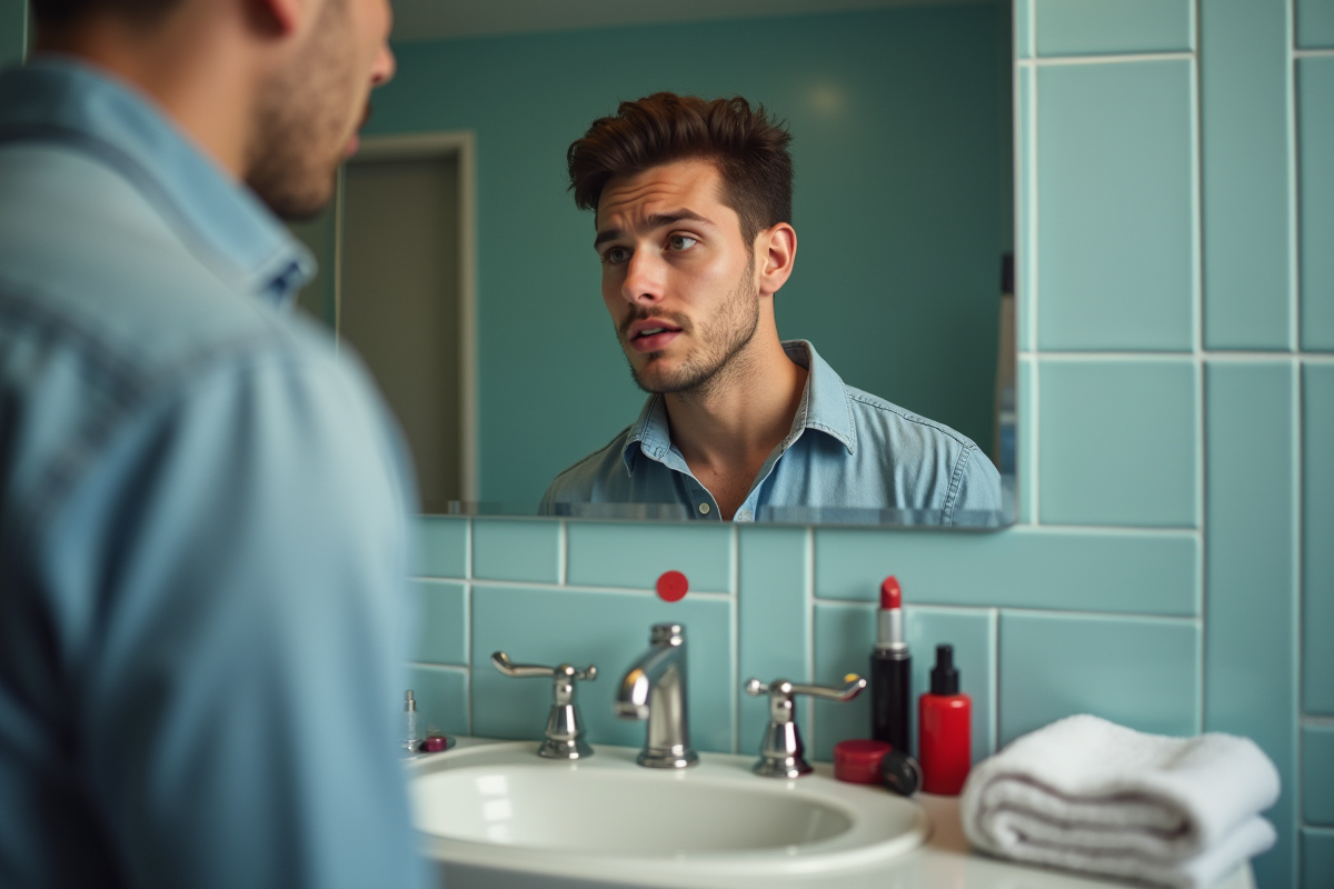 Jeune homme perplexe avec rouge à lèvres sur le visage