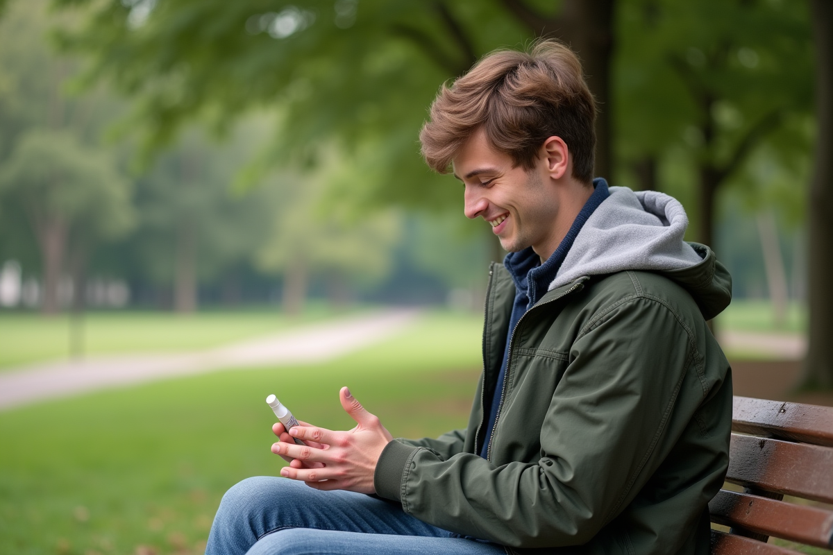 Jeune homme massant ses mains dans un parc verdoyant