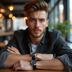 Jeune homme élégant montrant ses montres dans un café urbain