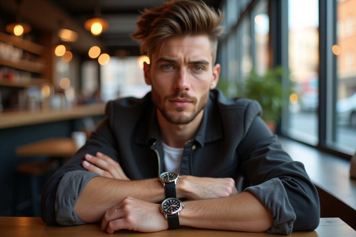 Jeune homme élégant montrant ses montres dans un café urbain
