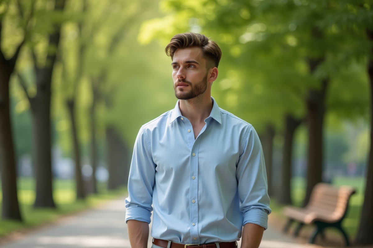 Jeune homme pensif dans un parc urbain en extérieur