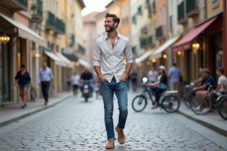 Jeune homme souriant marchant dans une rue piétonne européenne