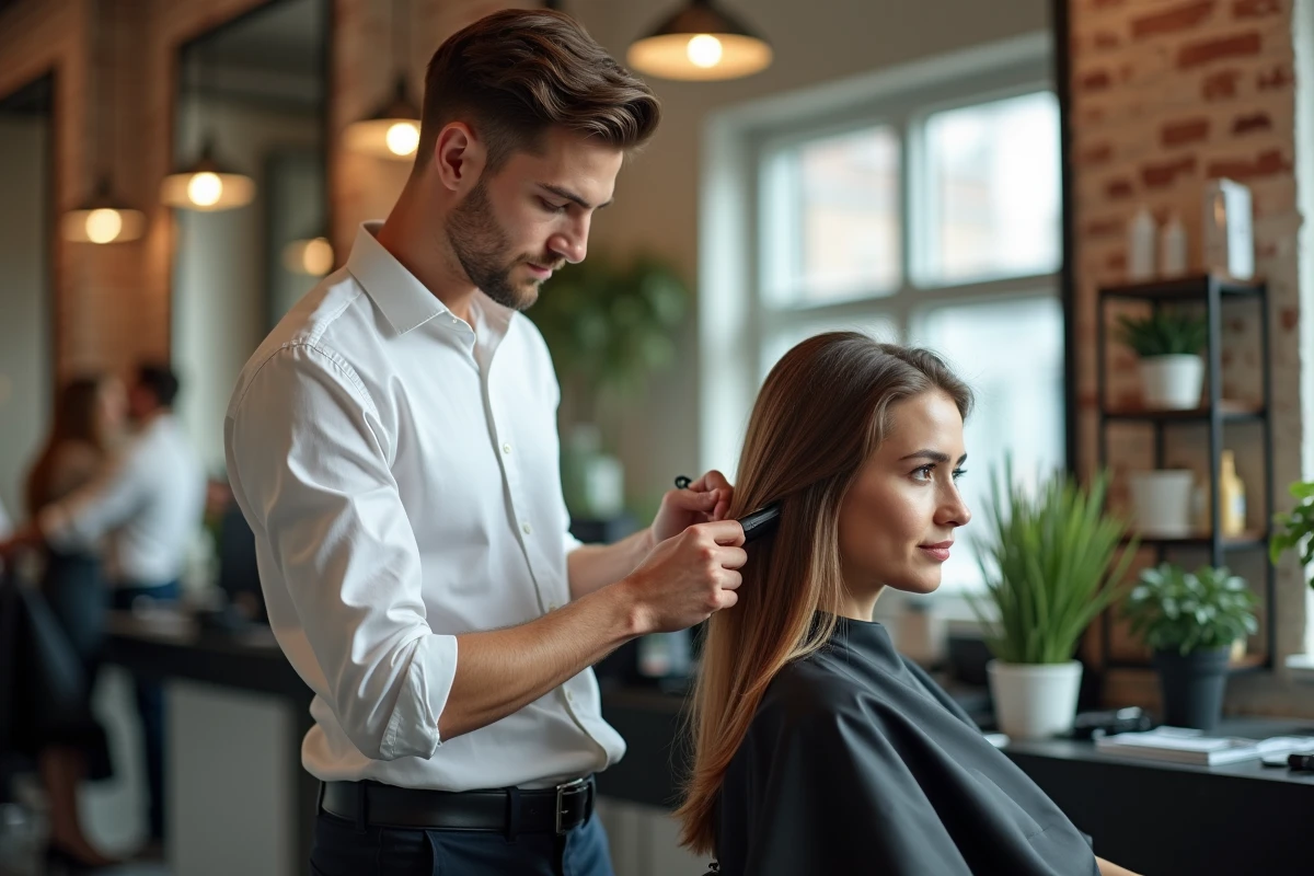 Jeune styliste coupant les cheveux d