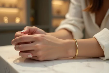 Jonc fin personnalisé en or sur un poignet gracile de femme, posé sur marbre blanc dans une boutique de bijoux minimaliste