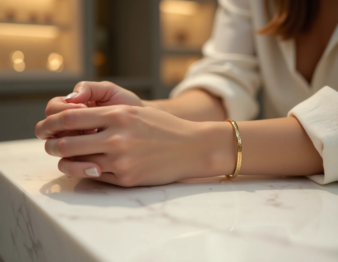 Jonc fin personnalisé en or sur un poignet gracile de femme, posé sur marbre blanc dans une boutique de bijoux minimaliste