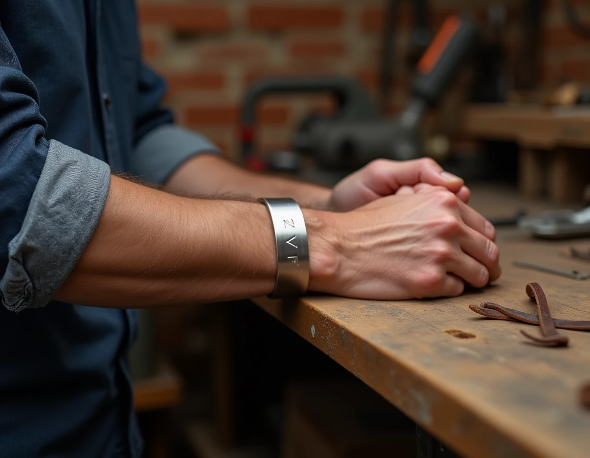 Large jonc personnalisé en argent brossé sur poignet athlétique masculin dans un atelier artisanal
