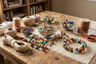 Kit de perles colorées et cordons de différentes matières organisés sur une table de créations artisanales en bois