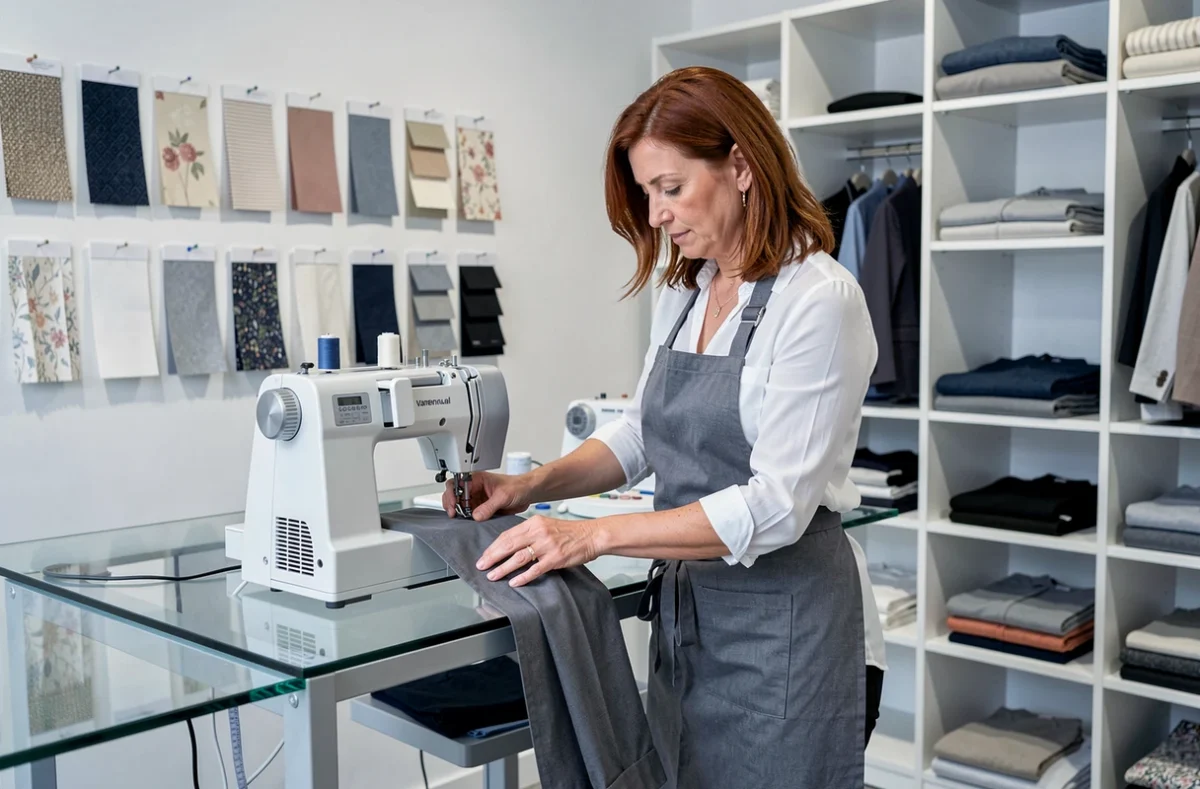 Couturière de La Retouche à Valence guidant un pantalon sous une machine à coudre industrielle dans un atelier contemporain