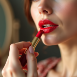 Lèvre d'une femme avec rouge à lèvres vif et maquillage naturel
