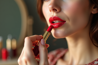 Lèvre d'une femme avec rouge à lèvres vif et maquillage naturel