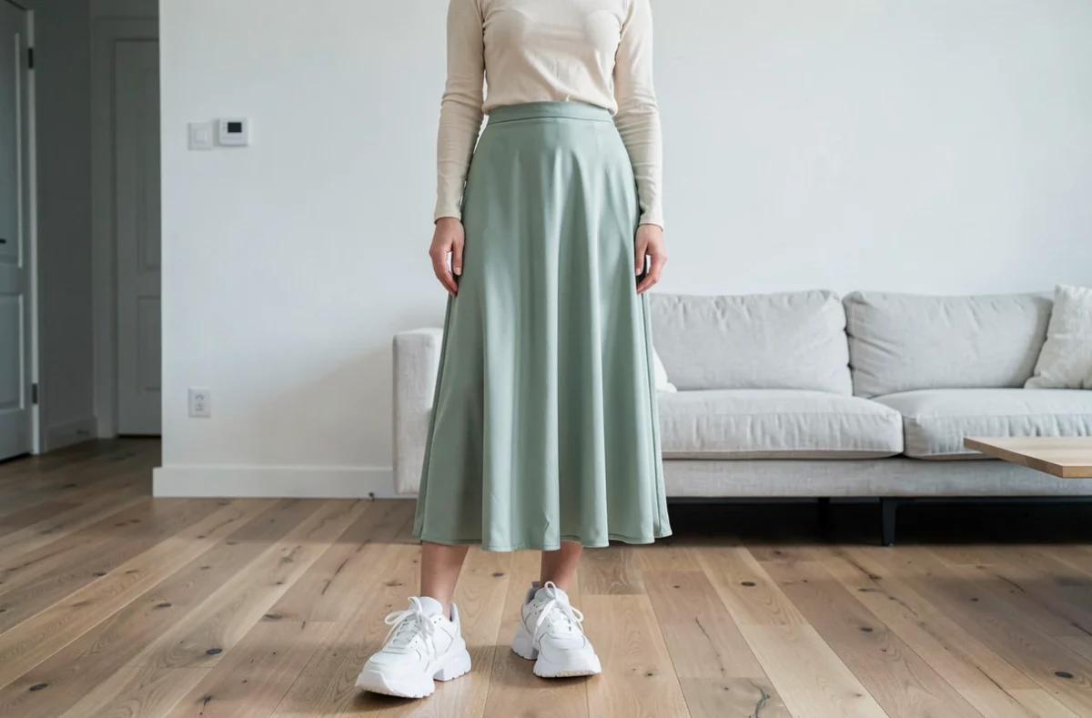 Femme portant des sneakers Balenciaga chunky blanches avec une jupe midi verte et un top coton dans un appartement scandinave minimaliste