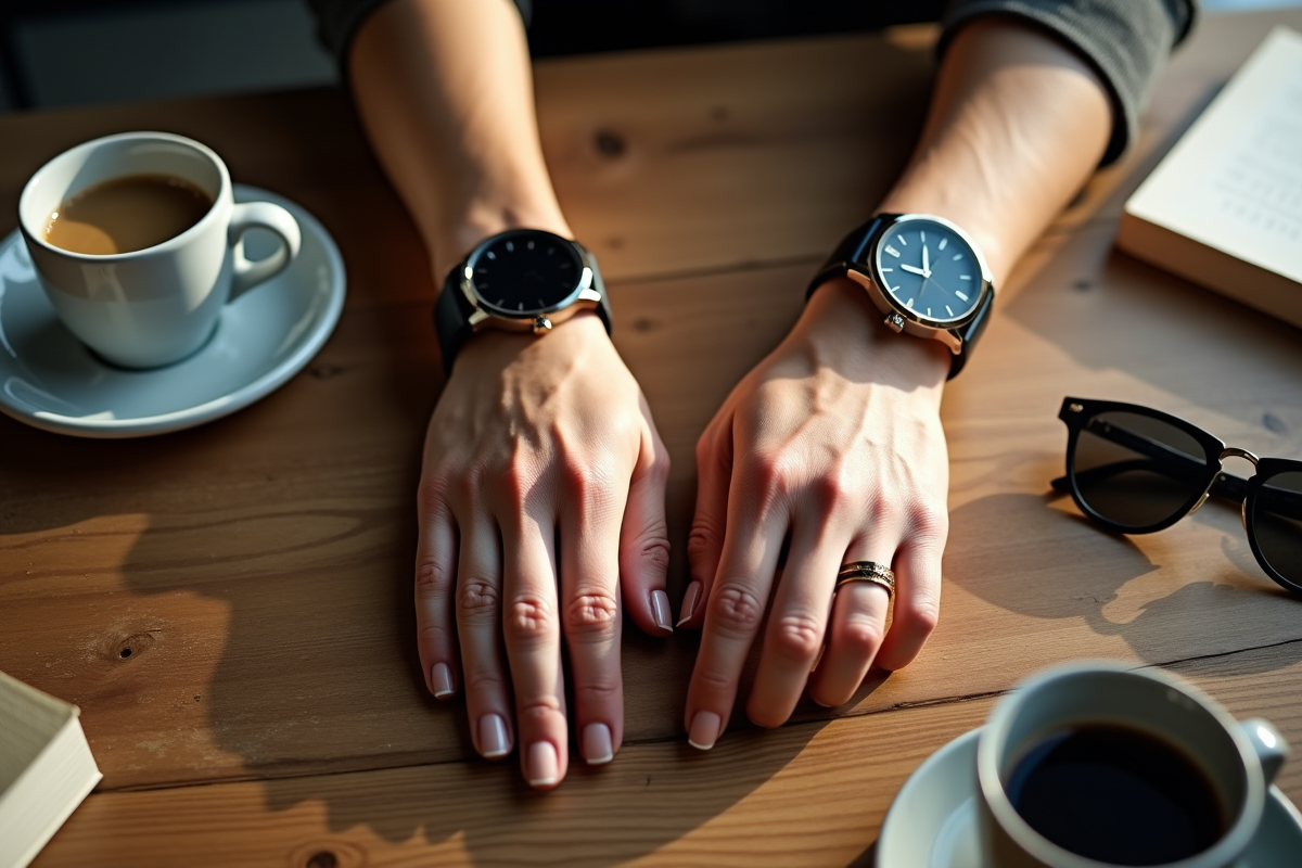Mains d homme et femme avec montres sur une table en bois