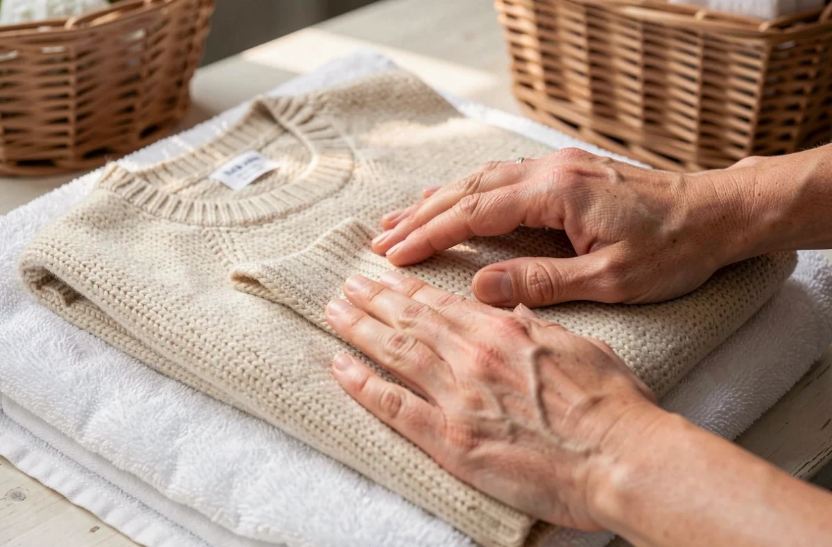 Mains posant un pull en laine à plat sur une serviette pour le séchage