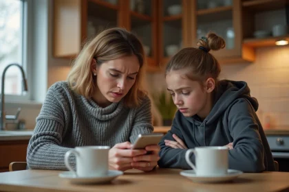 Mère et adolescente consultant une commande Shein sur smartphone à la cuisine, illustrant la responsabilité parentale dans les achats en ligne de mineurs