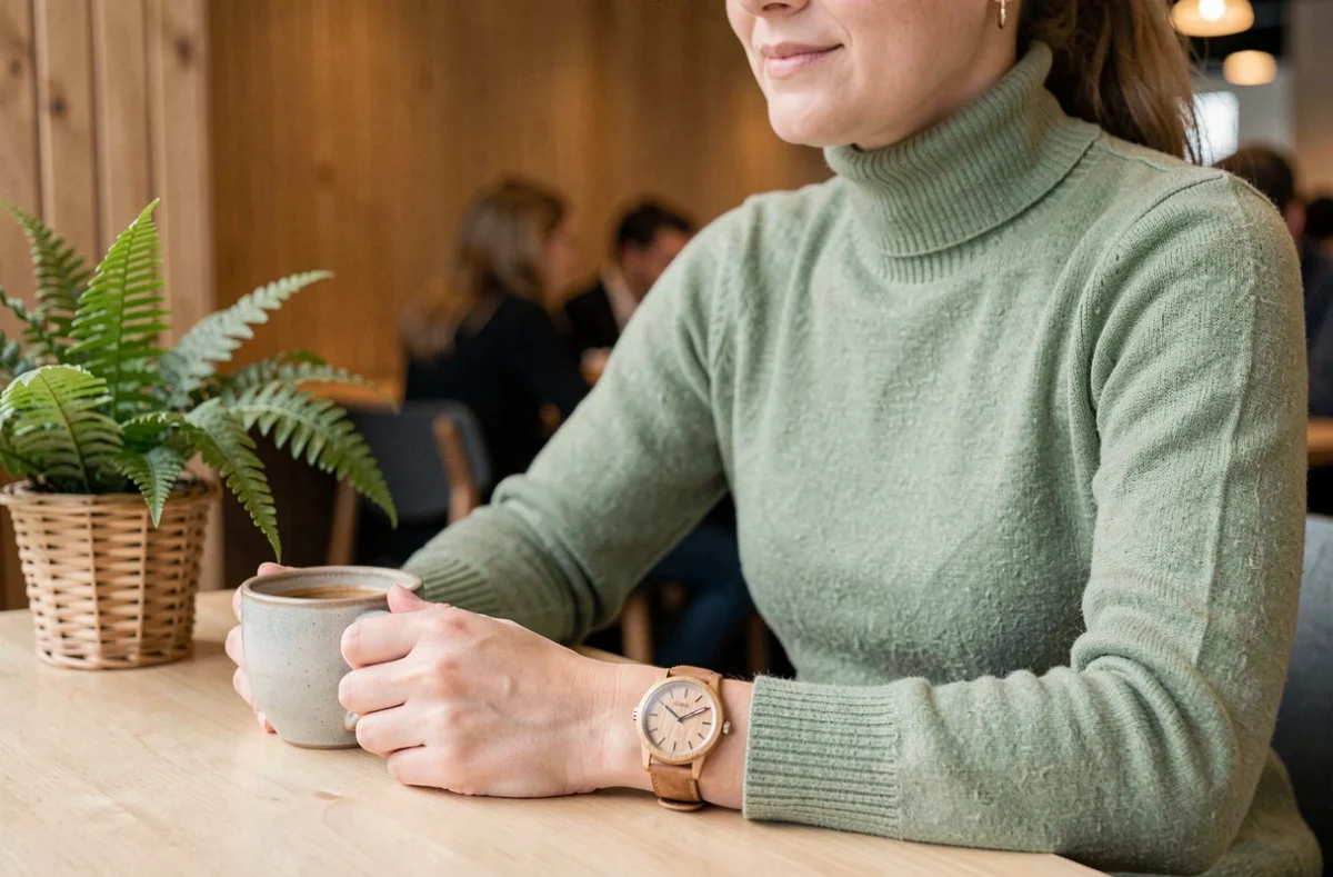 Femme portant une montre bois et cuir érable dans un café scandinave, tenant une tasse d'espresso en céramique
