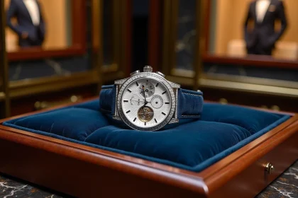Montre de luxe hors de prix exposée dans une vitrine en acajou d'une boutique haute horlogerie exclusive