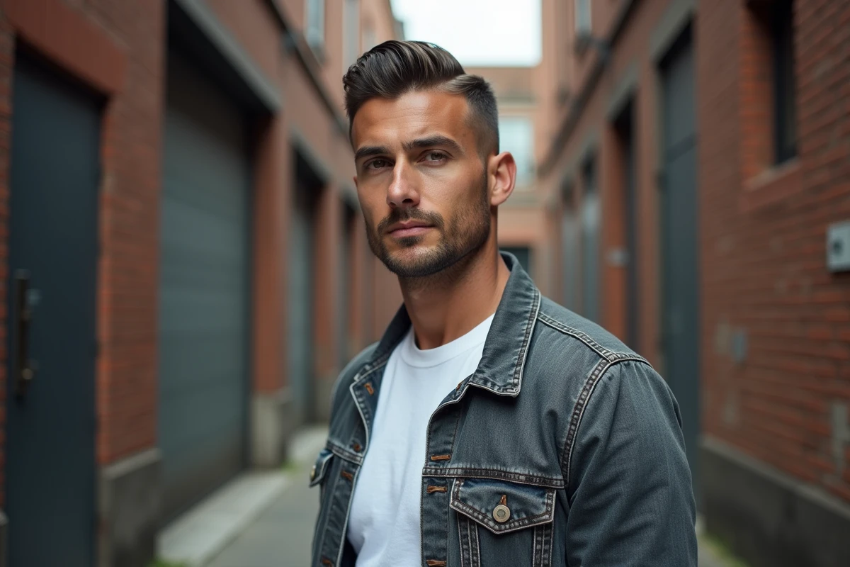 Homme avec une coupe mulet moderne adaptée aux visages carrés, photographié en extérieur dans une ruelle urbaine