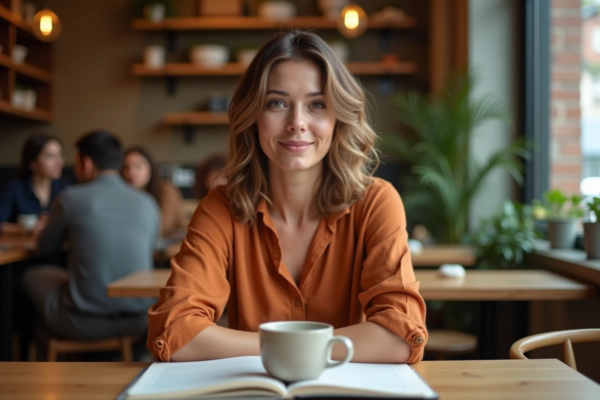 Femme avec une coupe mulet élégante adaptée aux visages ovales, photographiée dans un café chaleureux