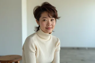 Femme aux cheveux courts en mulet moderne adapté aux visages ronds, vue en buste dans un studio minimaliste